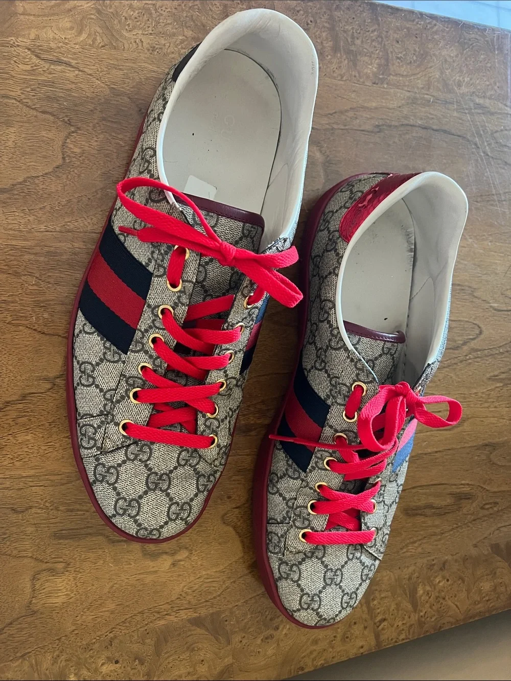 Gucci Beige GG Supreme Canvas Sneakers with Red Accents and Navy Stripe